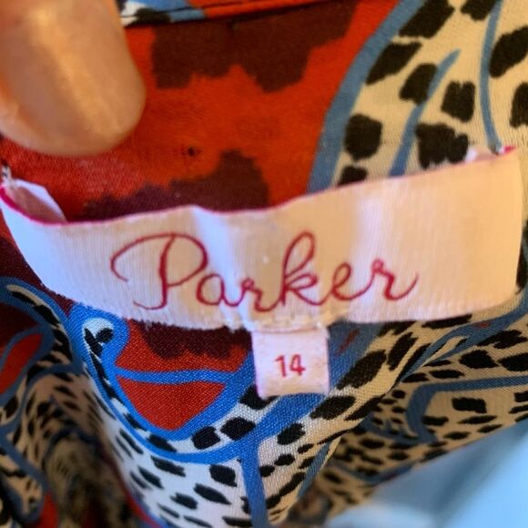 PARKER Silk Leopard Anamalia Print Blouson Mini Dress with Pockets - Size 14 - Picture 5 of 11